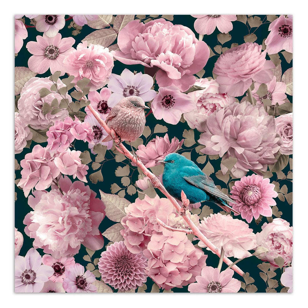 Fototapete, Blauer Vogel auf einem Hintergrund aus rosa Rosen - Andrea Haase