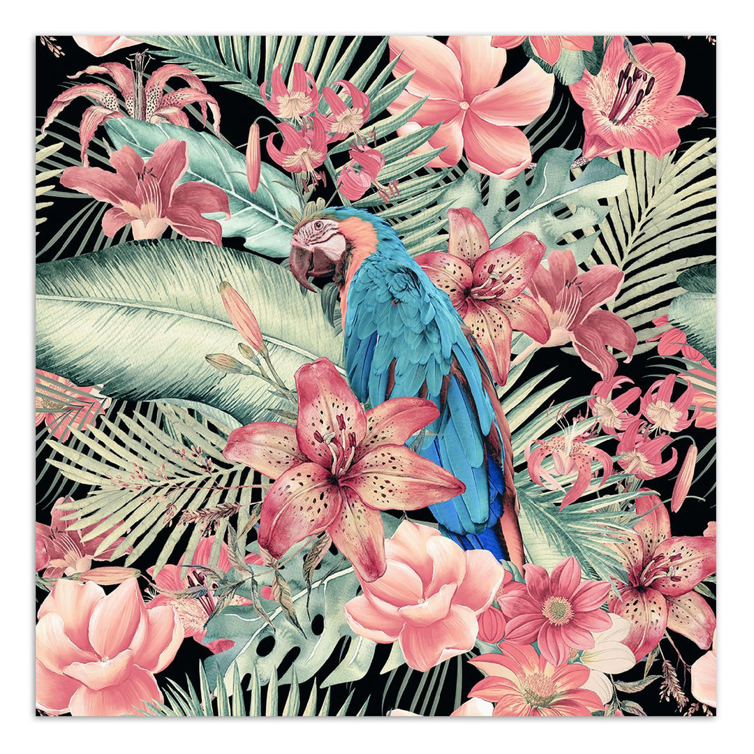 Fototapete, Papagei auf einem Hintergrund aus rosa Blättern - Andrea Haase