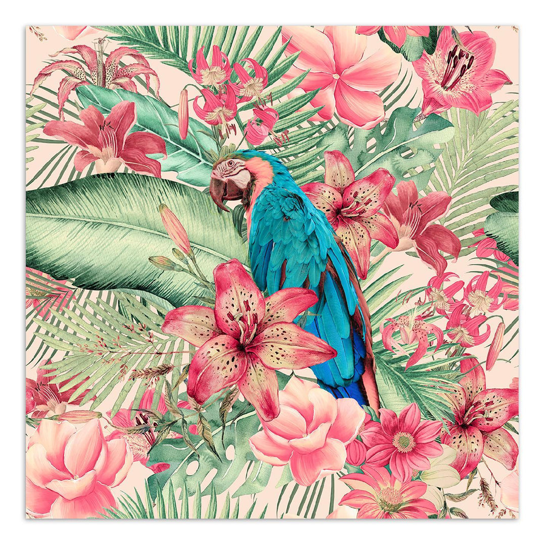 Fototapete, Papagei zwischen rosa Blättern - Andrea Haase